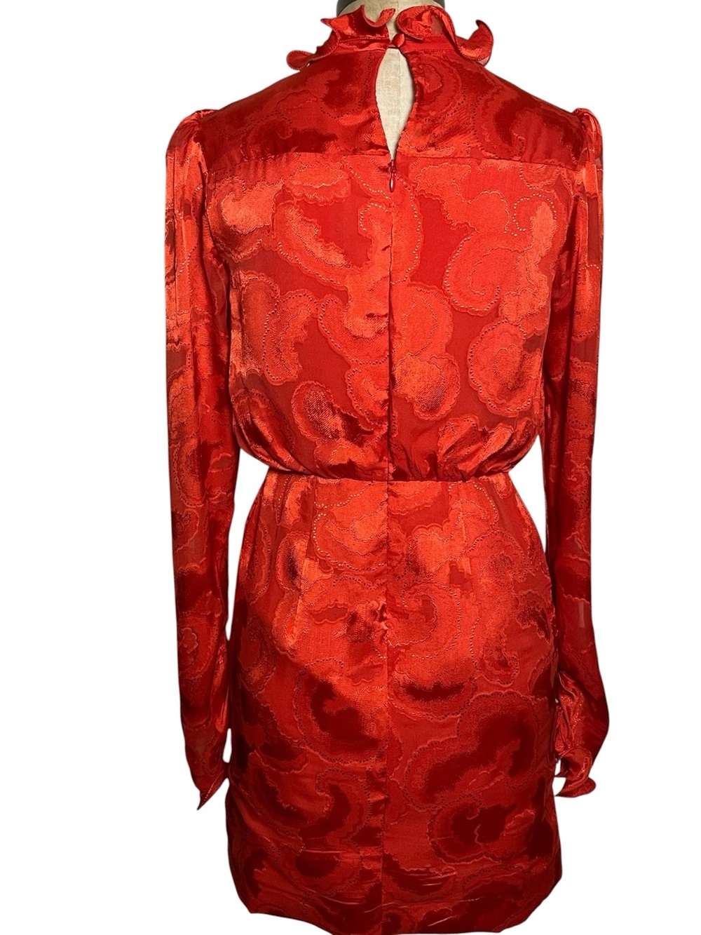 Saloni Rina B Mini Dress Women's Silk Jacquard Ruffle Puff Sleeve Poppy Red 4 - Picture 7 of 14
